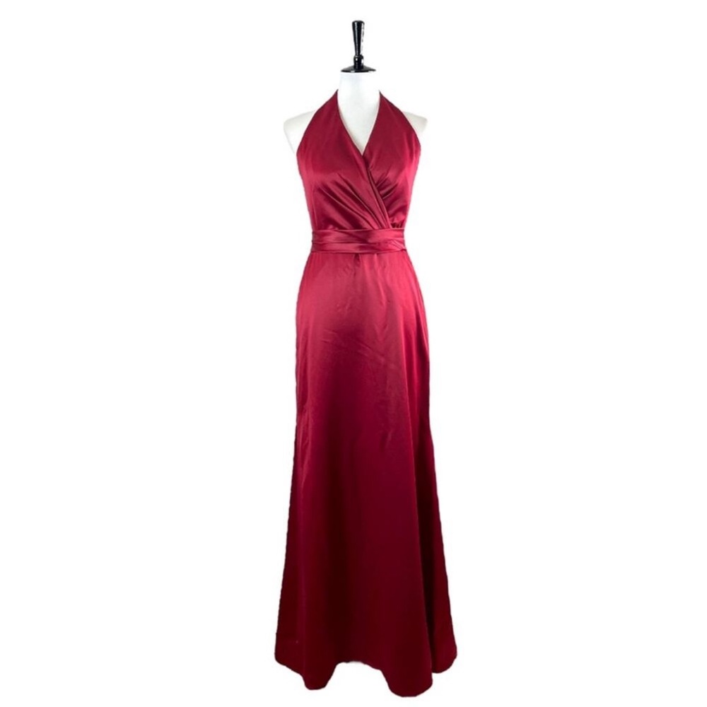 Dessy Collection Halter Neck Tie Waist Backless Gown Red Satin Women’s Size 6